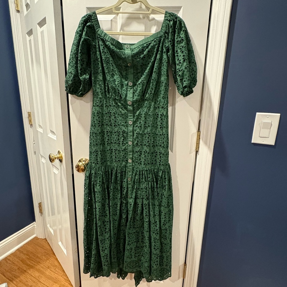 Veronica Beard Green Off-the-Shoulder Puff Sleeve Midi Dress